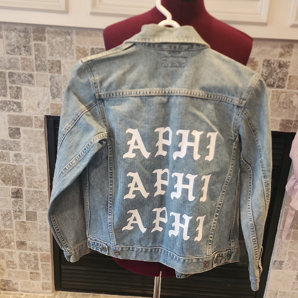 Polo by Ralph Lauren Blue and White Jean Jacket with Text Design A PHI SORORITY